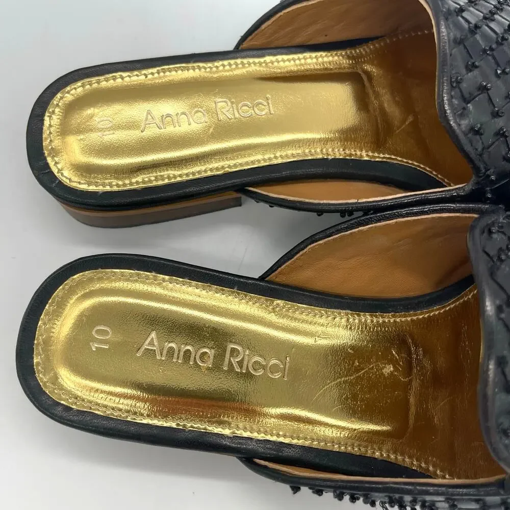 Anna Ricci Black Beaded Woven Women's Mules Size 10